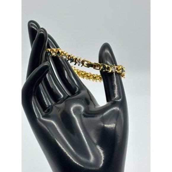 Vintage Gold Tone Metal and Faux Sapphire Faux Diamond Tennis Style Bracelet 80s - Picture 8 of 13